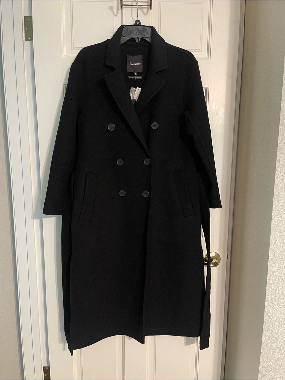 Madewell Black Double-Breasted Long Trench Coat with Waist Tie
